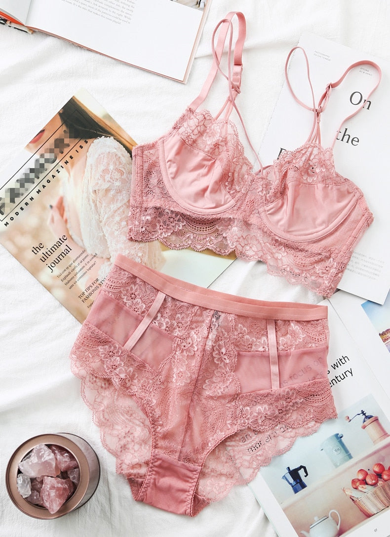 Lingerie Bra+Panty Pink High Waist Lace Set