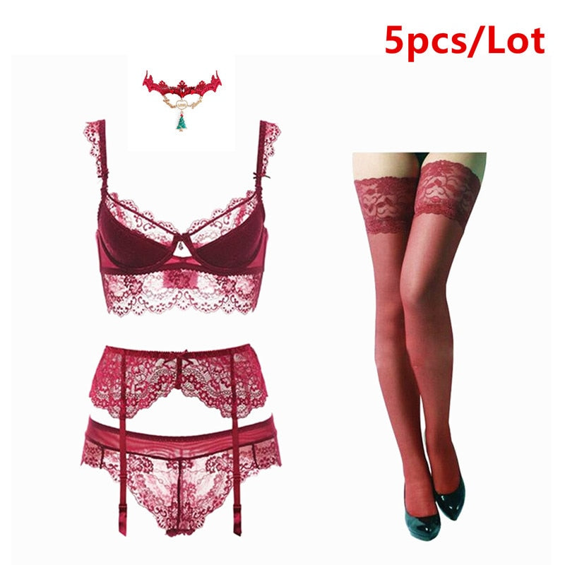 Lingerie Bra+Panty 5pcs lace push up