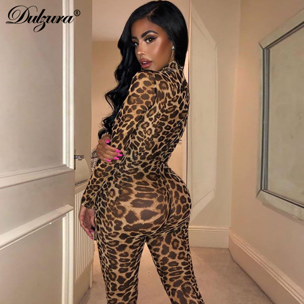 Lingerie Jumpsuit transparent leopard print sexy mesh long